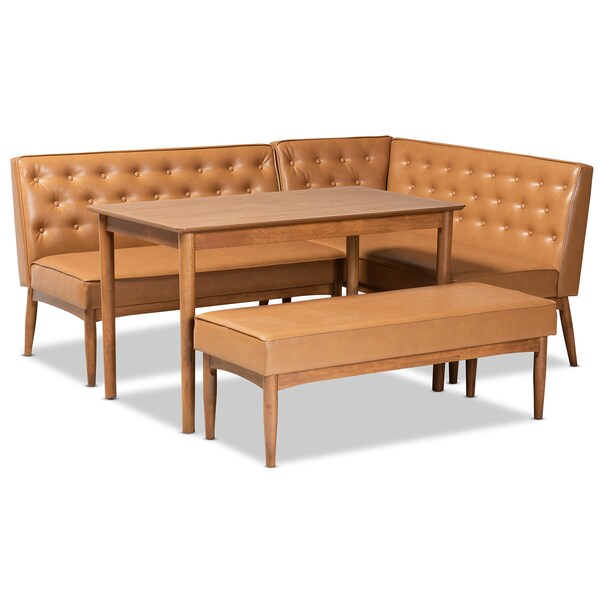 Baxton Studio Riordan Mid-Century Modern Tan Faux Leather and Walnut Brown Finished Wood 4-Piece Dining Nook Set 186-11361-10839-9305-Zoro - main
